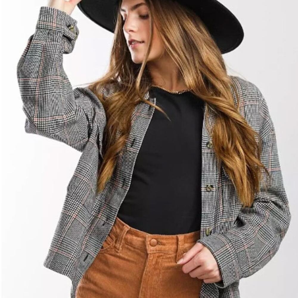 Brixton Womens Bowery Crop Flannel Shacket Houndstooth XL Layering Western Boxy